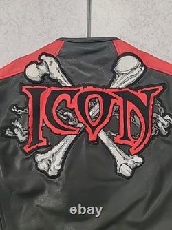 Icon Medium Men's SKULL Black & Red Leather Motorcycle Jacket. READ