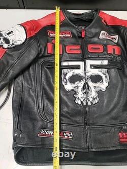 Icon Medium Men's SKULL Black & Red Leather Motorcycle Jacket. READ