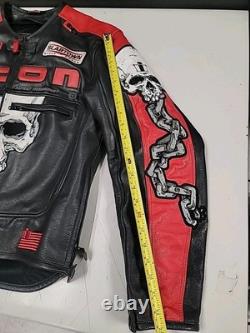 Icon Medium Men's SKULL Black & Red Leather Motorcycle Jacket. READ