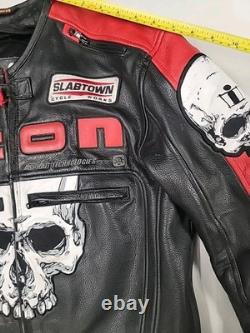 Icon Medium Men's SKULL Black & Red Leather Motorcycle Jacket. READ