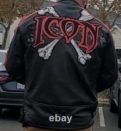 Icon Medium Men's SKULL Black & Red Leather Motorcycle Jacket. READ