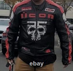 Icon Medium Men's SKULL Black & Red Leather Motorcycle Jacket. READ
