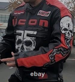 Icon Medium Men's SKULL Black & Red Leather Motorcycle Jacket. READ