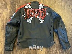 Icon Motorcycle Skull Chains Jacket Black & Red Leather with Armor Mens Sz Large