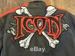 Icon Motorcycle Skull Chains Jacket Black & Red Leather with Armor Mens Sz Large