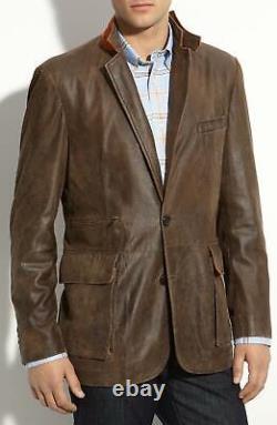 KROON Brown Soft Distressed Genuine Leather WAITS Button-Collar Supple Jacket 46