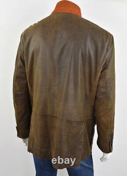 KROON Brown Soft Distressed Genuine Leather WAITS Button-Collar Supple Jacket 46