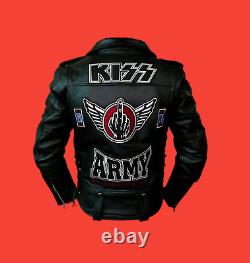 Kiss Army Black Leather Motorcycle Leather Jacket Motorbike Biker Genuine Cow