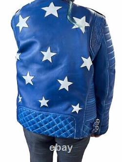 Leather Lexther Jacket Sz XL Motorcycle Blue with stars preowned