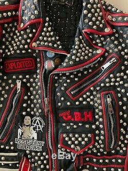 Leather Studded Punk Motor Cycle Jacket Patches Painted Exploited G. B. H. Size 42