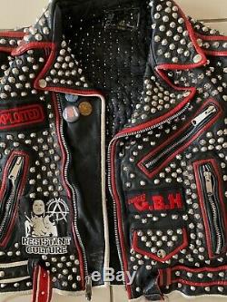 Leather Studded Punk Motor Cycle Jacket Patches Painted Exploited G. B. H. Size 42