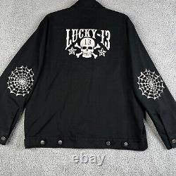 Lucky 13 Jacket Mens L Black Full Zip Garage Shop Biker Embroidered Skull Patch