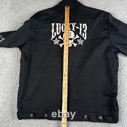 Lucky 13 Jacket Mens L Black Full Zip Garage Shop Biker Embroidered Skull Patch