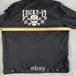 Lucky 13 Jacket Mens L Black Full Zip Garage Shop Biker Embroidered Skull Patch