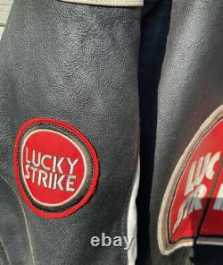 Lucky Strike Motorcycle Jacket Rare Vintage XL Real Leather Patches Padded Heavy