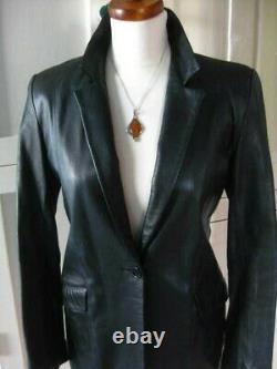 M&S black real leather JACKET BLAZER COAT 14 12 long line goth soft boyfriend