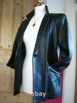 M&S black real leather JACKET BLAZER COAT 14 12 long line goth soft boyfriend