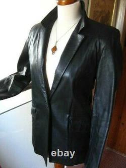 M&S black real leather JACKET BLAZER COAT 14 12 long line goth soft boyfriend