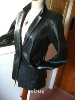 M&S black real leather JACKET BLAZER COAT 14 12 long line goth soft boyfriend