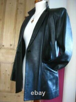 M&S black real leather JACKET BLAZER COAT 14 12 long line goth soft boyfriend