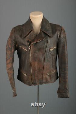 Men's 1930s 1940s German Brown Leather Motorcycle Jacket Small 30s 40s Vtg Biker