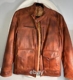 Men's Brown Biker Jacket Stand-Up Collar Zip Front Lined Short Size L 44