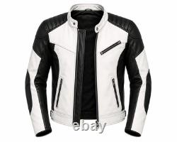 Men's Genuine Leather Black White Quilted Cafe Racer Motorcycle Biker Jacket