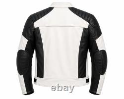 Men's Genuine Leather Black White Quilted Cafe Racer Motorcycle Biker Jacket