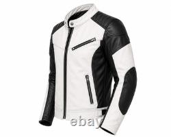 Men's Genuine Leather Black White Quilted Cafe Racer Motorcycle Biker Jacket