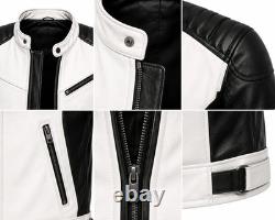 Men's Genuine Leather Black White Quilted Cafe Racer Motorcycle Biker Jacket