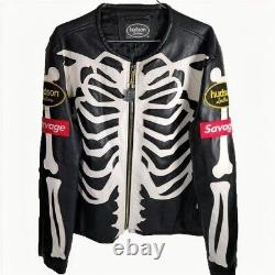 Men's Leather Jacket Motorcycle Skeleton Biker Genuine Cow Leather Used