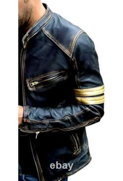 Men's Motorcycle Biker Leather Jacket Distressed Café Racer Genuine Lambskin
