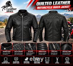 Men's Quilted Leather Motorcycle Biker Jacket Premium Genuine Leather