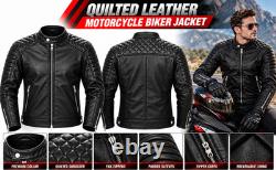 Men's Quilted Leather Motorcycle Biker Jacket Premium Genuine Leather