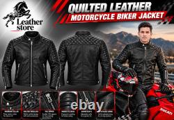 Men's Quilted Leather Motorcycle Biker Jacket Premium Genuine Leather