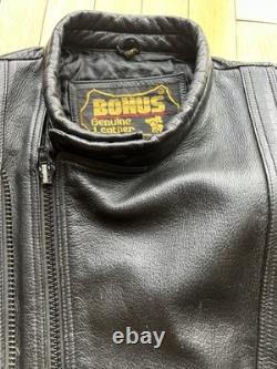Men's Vintage Black BONUS Motorcycle Cafe Racer Biker Padded Leather Jacket 42