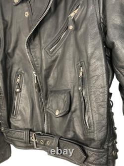 Mens Black Premium Leather Moto Jacket Size 42 L Full Zip Belted RW10337 Heavy