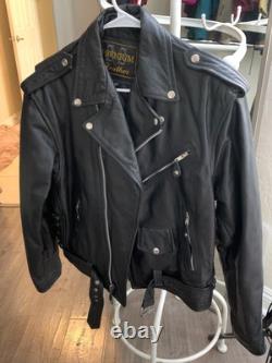 Mens Black Premium Leather Moto Jacket Size 42 L Full Zip Belted RW10337 Heavy