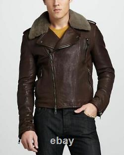 Mens Burberry Brit Brown Leather Biker Aviator Jacket with Shearling Collar M