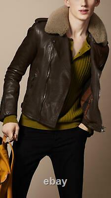 Mens Burberry Brit Brown Leather Biker Aviator Jacket with Shearling Collar M