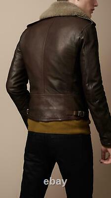 Mens Burberry Brit Brown Leather Biker Aviator Jacket with Shearling Collar M