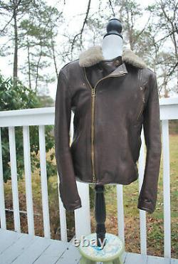 Mens Burberry Brit Brown Leather Biker Aviator Jacket with Shearling Collar M