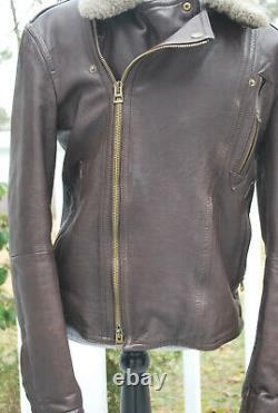 Mens Burberry Brit Brown Leather Biker Aviator Jacket with Shearling Collar M