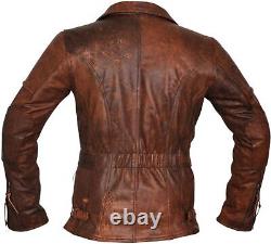 Mens Distressed Brown Moto Vintage Cross 3/4 Style Used Look Long Leather Jacket