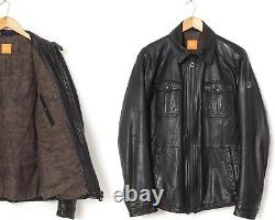 Mens HUGO BOSS Motorcycle Biker Jacket Leather Coat Brown Size 40 50