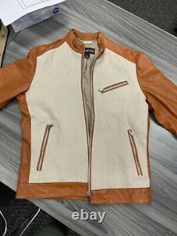 Michael Kors Men's Genuine Leather and Linen Bomber Jacket Medium