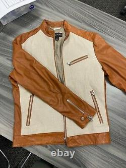 Michael Kors Men's Genuine Leather and Linen Bomber Jacket Medium