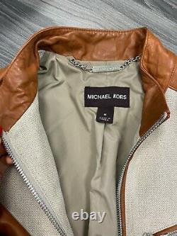 Michael Kors Men's Genuine Leather and Linen Bomber Jacket Medium