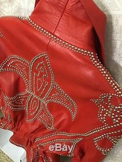 North Beach Leather Jacket Red Motorcycle Silver Studs Belted Size S