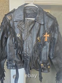 Open Road Vintage Leather Biker Jacket Black Fringe Concho Mens Size 42 Used